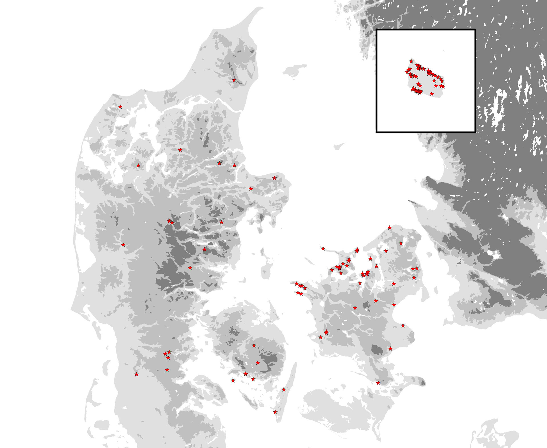 Danmarkskort, der viser spredningen af røsegrave.