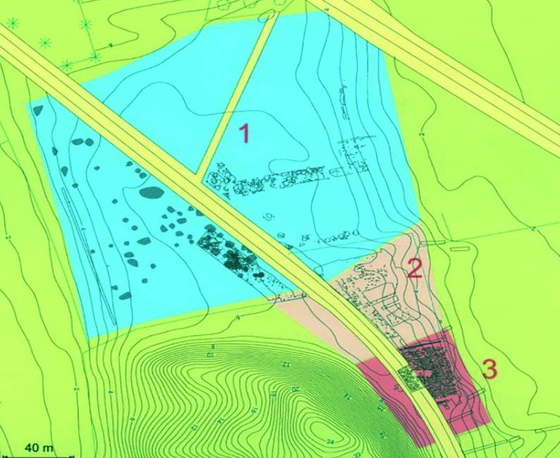 Fig. 5. Sebbersund ligger på sydsiden af den befærdede Limfjorden i Nordjylland. Lokaliteten er en klassiske handels- og samlingsplads med grubehusplads (1), markeds- og produktionsområde (2) og religiøst område (3). Grafik: Nordjyllands Historiske Museum Grafik over Sebbersund med indtegnede områder..