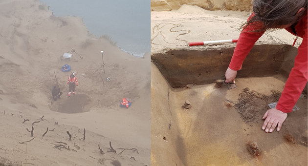 Undersøgelsen af vikingetidsgraven blev gennemført ganske få meter fra den eroderende kystskrænt (med ca. 20 meter lodret fald) og med vind, tåge og sandfygning om arkæologerne. Foto: Vendsyssel Historiske Museum Foto af Undersøgelsen af vikingetidsgraven blev gennemført ganske få meter fra den eroderende kystskrænt (med ca. 20 meter lodret fald) og med vind, tåge og sandfygning om arkæologerne. Foto: Vendsyssel Historiske Museum
