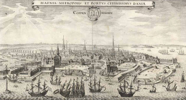 København år 1611. Grafik: Københavns Stadsarkiv Gammelt illustration af over København år 1611, set fra havnen