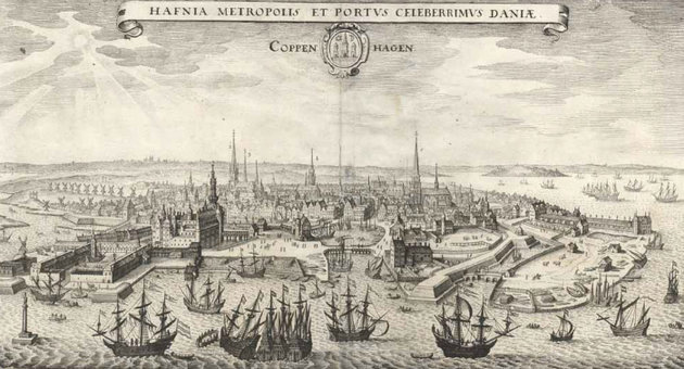 Gammelt illustration af over København år 1611, set fra havnen