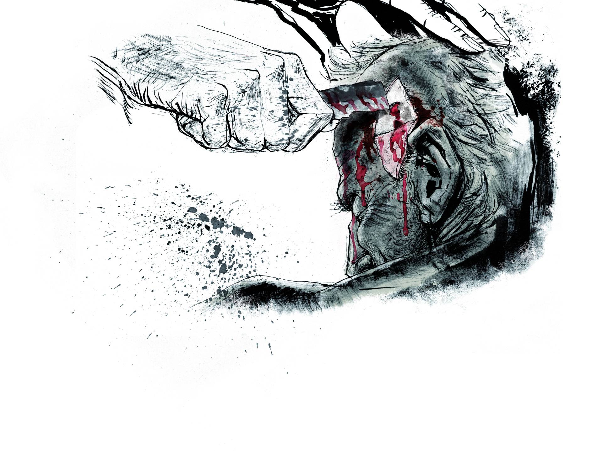 Sådan kan det have foregået, når man forsøgte sig med hjernekirurgi i stenalderen. Illustration: Sune Elskær Tegning af hjerneoperation med stendolk.