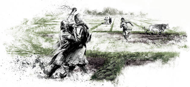 Opdelingen og de mange små jordstykker tyder på, at udlægningen af marksystemerne var en velorganiseret proces. At alle ikke fik den jord, som de ønskede, kan dog have været kilde til skænderier og ufred. Illustration: Sune Elskær Illustration af to mænd i slåskamp, i baggrunden ses det dyrkede land og bønder på vej for at skille de to kæmpende