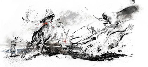 Rensdyrjagten var afgørende for de første menneskers overlevelse i tundralandskabet i Danmark efter istiden. Illustration: Sune Elskær Illustration af jagtscene, hvor de tidlige mennesker nedlægger rensdyr.