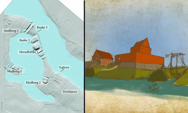Sammensat foto, hvor Til venstre Lidar-kort over Grimstrup og omliggende landskab. Til højre rekonstruktionsskitse af borgen. Grafik: Museum Lolland-Falster