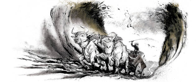 Tegning af tre okser, der trækker en vogn op ad en stejl bakke.