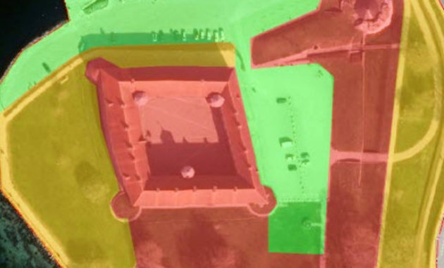Kort over Søborg Slot, hvor forskellige farver inddeler det beskyttede areal efter områdernes robusthed