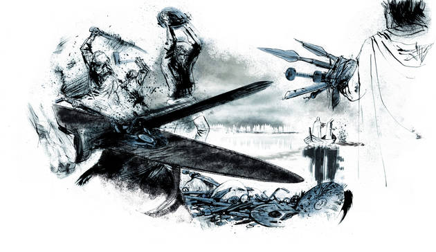 De dramatiske hændelser omkring offerhandlingerne i den lange ådal er illustreret på de nye skilte. Illustration: Sune Elskær. Illustration af mænd, der bærer våbenofringerne mod mosen