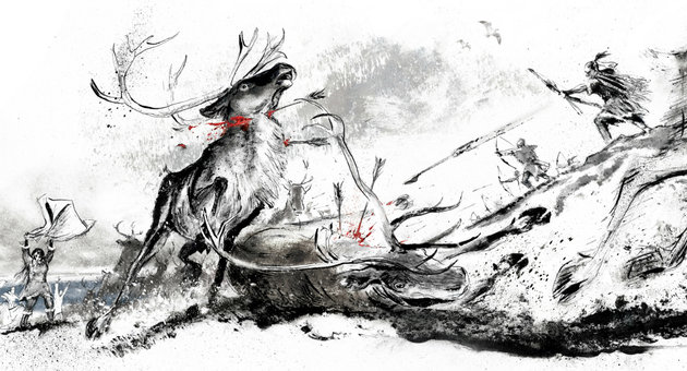 Tegning af jagtscene, som det kunne have udspillet sig under jagt og nedlægning af rensdy med spyd og pilespidser af flint