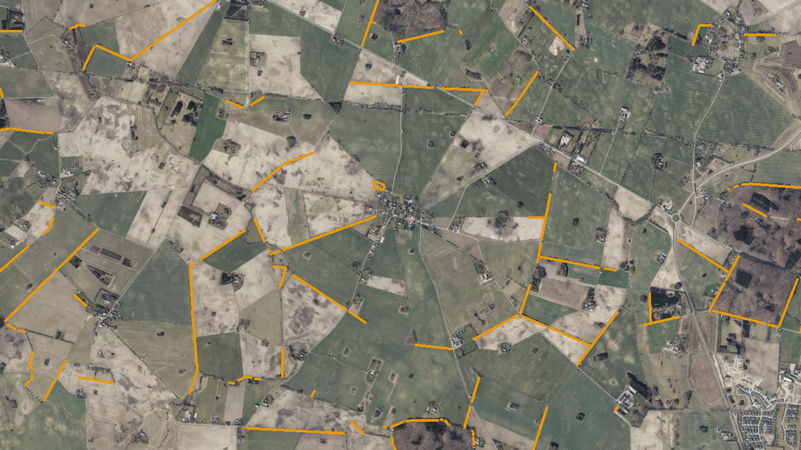 Dronebillede af landskab med markeringer af diger