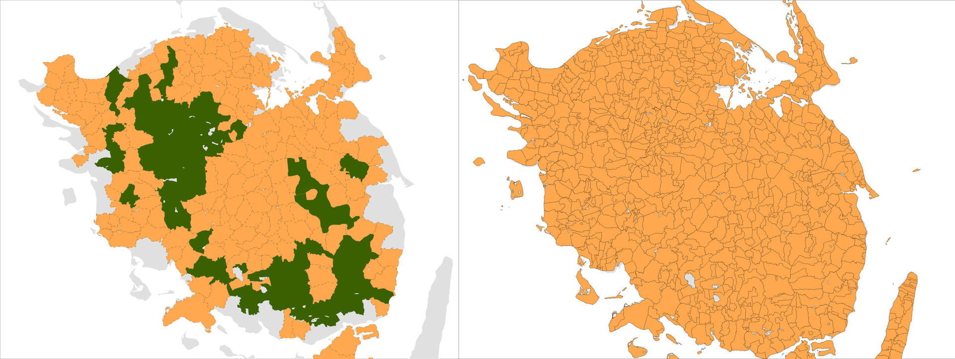Fig. 3. Til venstre: Rekonstruerede storejerlav fra ca. 600 frem til udparcellering af torper og hovedgårde. Til højre: Ejerlav fra middelalderen og frem. Grafik: Hansen 2015.