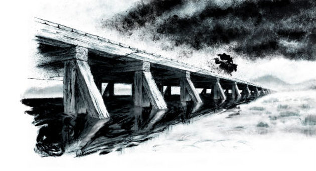 Tegning af en rytter, der rider stærkt over broen.