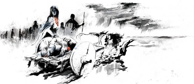 I den yngre stenalder fik man ofte nogle helt specifikke gaver med sig i graven. For mænd var det især en stridsøkse og nogle store ravperler, mens kvinderne blev begravet med ravsmykker. Illustration: Sune Elskær Illustration af hvordan man forestiller sig, at en begravelse fandt sted i Yngre Stenalder