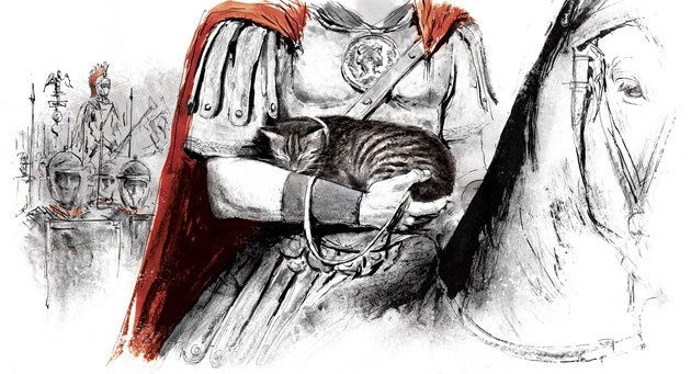 Romerne indførte katten til Europa. Den kom siden til Danmark i 1. årh. e.Kr. Illustration Sune Elskær. Tegning der illustrere romer til hest. I romerens høj arm, holder han en sovende kat.