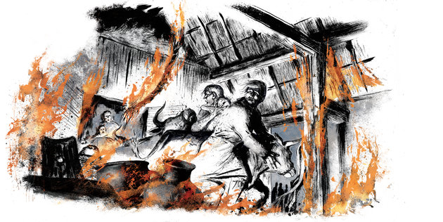 Illustration af et brændende jernalderhus, hvor husets beboere kæmper for at redde folk og fæ