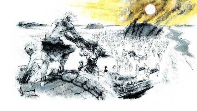 Det har krævet mange timers hårdt arbejde at bygge en gravhøj. Derfor var den type begravelser måske forbeholdt udvalgte personer. Illustration: Sune Elskær Illustration af konstruktionen af en gravhøjen, hvor flere hold deltager i opbygningen af monumentet