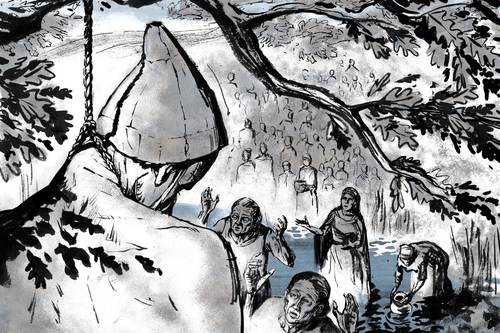 Tollundmanden blev ofret til guderne. Han var død ved hængning ligesom Ellingpigen. Illustration: Sune Elskær