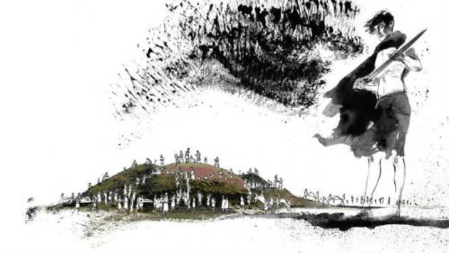Et sværd kom ikke med i graven, men gik måske i arv til en ny kriger. Illustration: Sune Elskær Tegning af kriger, der står med et sværd.