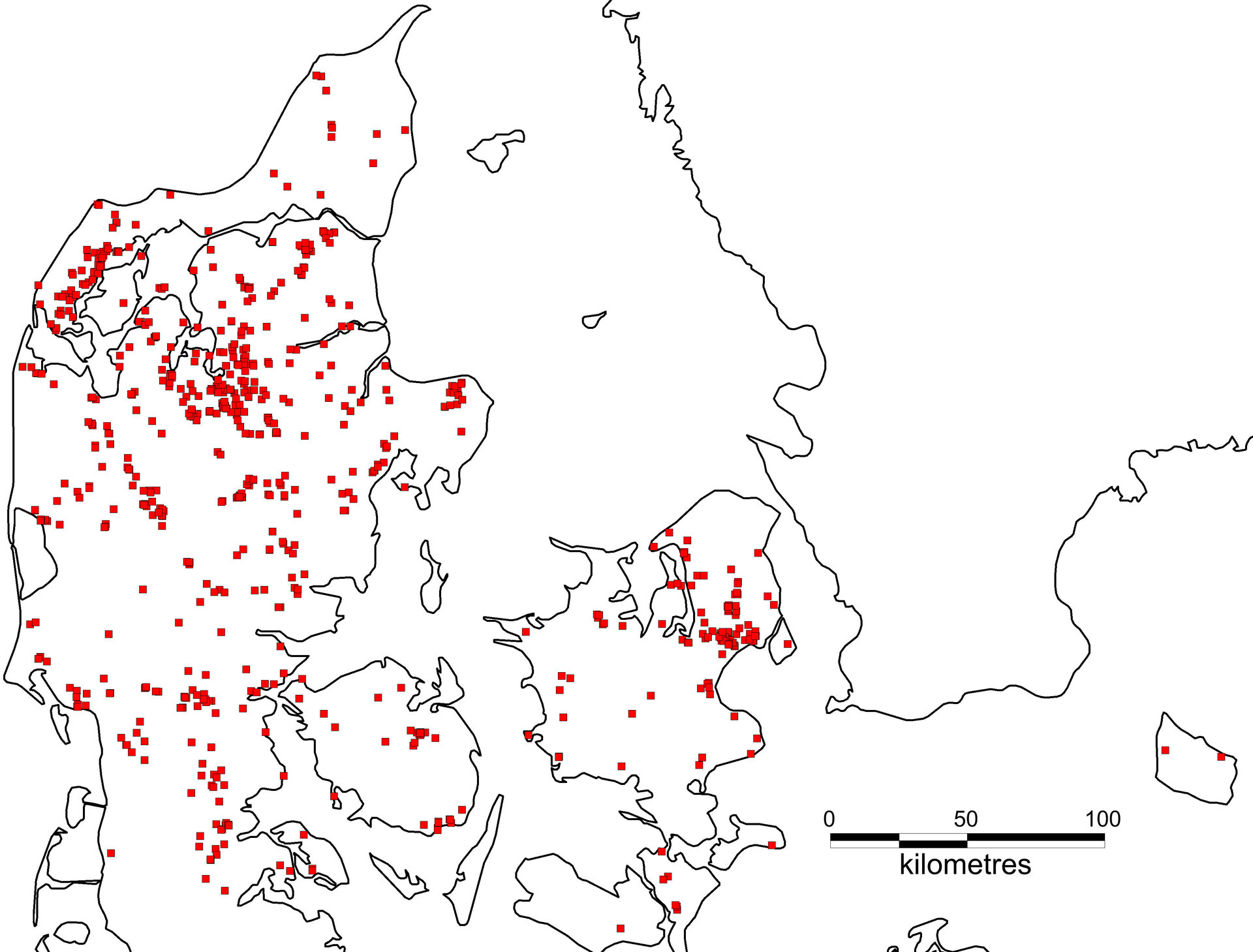 Danmarkskort, der viser udbredelsen af bronzealderbopladser.