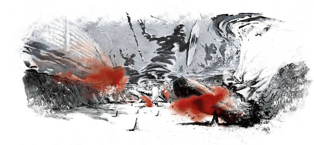 På bunden af Lyngsmoses omkringliggende voldgrav har der været placeret hundredvis af små, tilspidsede pinde som en smertefuld overraskelse til de fremstormende fjender. Illustration: Sune Elskær Illustration af voldgfravens bund fyldt med små tilspidsedede pinde, som er en smertefuld overraskelse til de fremstormende fjender
