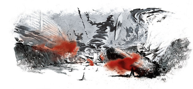 Illustration af voldgfravens bund fyldt med små tilspidsedede pinde, som er en smertefuld overraskelse til de fremstormende fjender