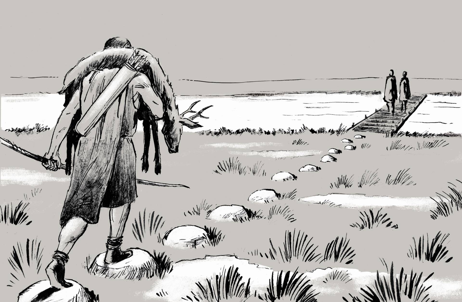 Omkring år 500 anlagde man en trædestensrække over mosen, så man kunne gå tørskoet over. Illustration: Sune Elskær Tegning af jæger på vej med sit bytte over trædestenene.