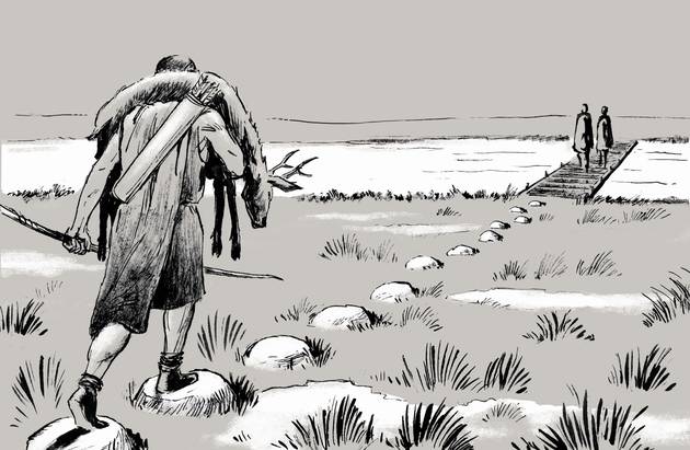 Omkring år 500 anlagde man en trædestensrække over mosen, så man kunne gå tørskoet over. Illustration: Sune Elskær Tegning af jæger på vej med sit bytte over trædestenene.