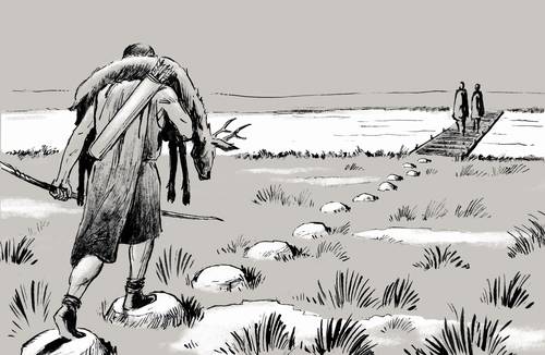 Omkring år 500 anlagde man en trædestensrække over mosen, så man kunne gå tørskoet over. Illustration: Sune Elskær
