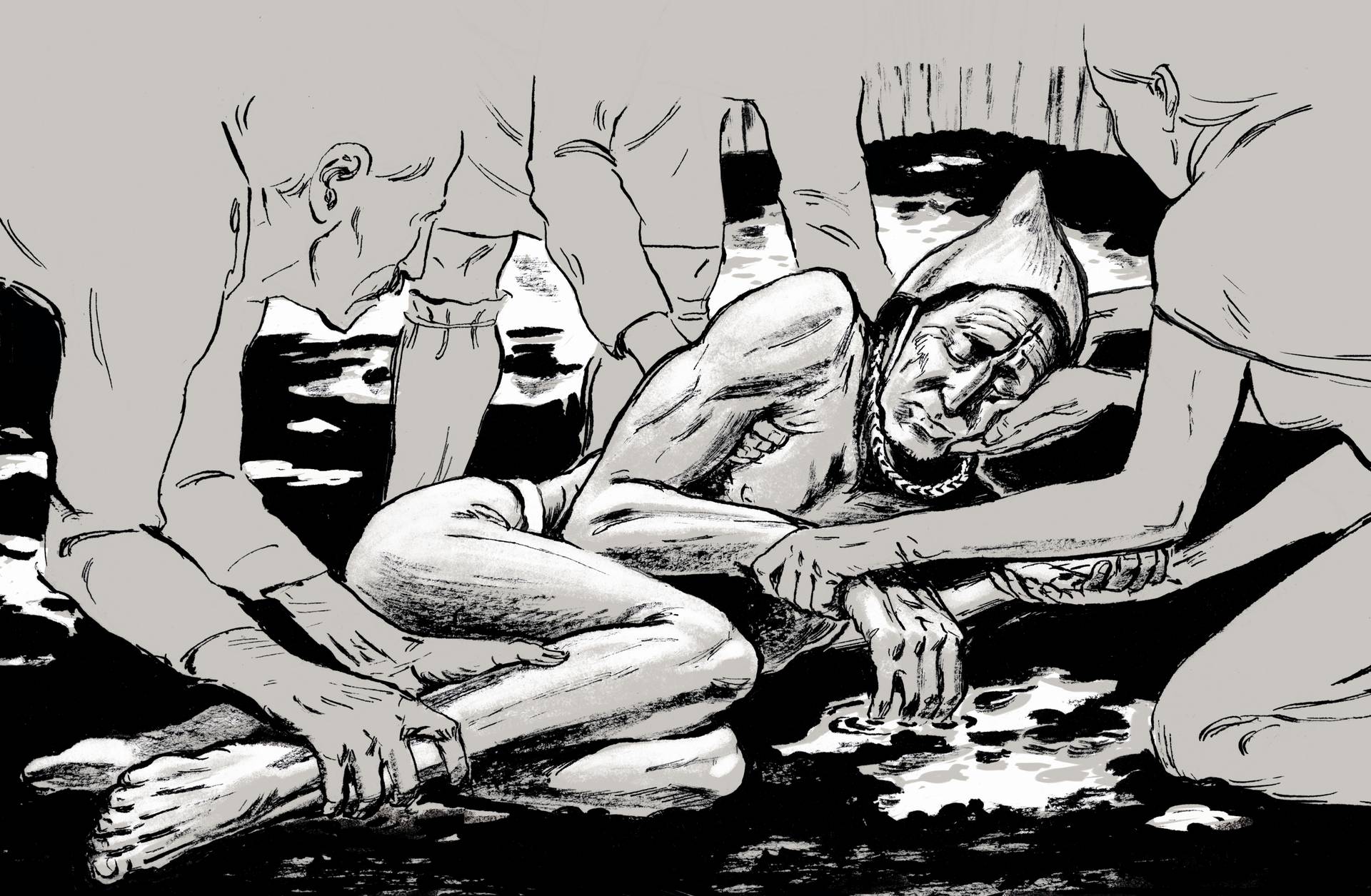 Tollundmanden lægges i mosen efter hans død. Han er behandlet med respekt og omsorg og anbragt i mosen med blidt lukkede øjne og mund. Illustration: Sune Elskær Tegning af Tollundmanden, der lægges i mosen
