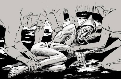Tollundmanden lægges i mosen efter hans død. Han er behandlet med respekt og omsorg og anbragt i mosen med blidt lukkede øjne og mund. Illustration: Sune Elskær