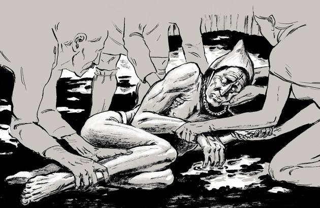 Tollundmanden lægges i mosen efter hans død. Han er behandlet med respekt og omsorg og anbragt i mosen med blidt lukkede øjne og mund. Illustration: Sune Elskær Tegning af Tollundmanden, der lægges i mosen