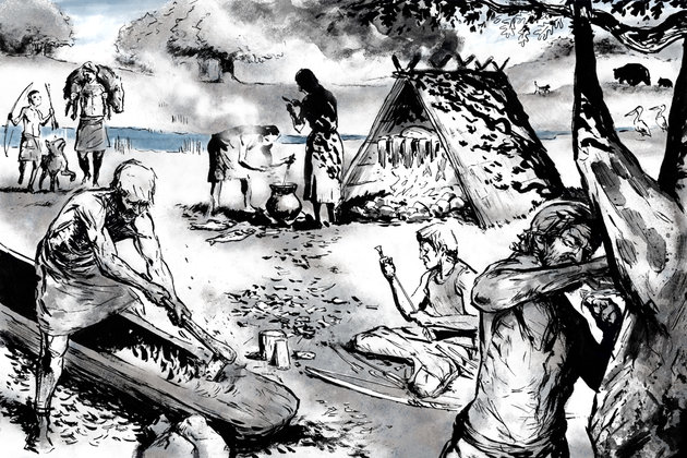 Illustration af dagligliv på en stenalderboplads.