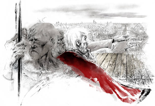 I Harald Blåtands regeringstid blev der bygget fem ringborge, store bro- og vejanlæg og en residens i Jelling. Kongen havde magt over mange mennesker. Illustration: Sune Elskær Tegning af stormænd, der betragter byggeri, der foregår i baggrunden