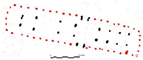 Fig. 7.1-3. Optimalt bevarede huse fra yngre romersk og ældre germansk jernalder. 1. Langholtgård IV; 2. Tav-have I; 3. Rugmarken. Bemærk det længere spænd mellem nogle af de tagbærende stolpesæt – især i beboelsesenden. Spor af vægstolper er ofte bevaret Fig. 7.1-3. Optimalt bevarede huse fra yngre romersk og ældre germansk jernalder.