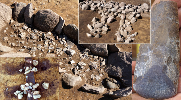 Foto af flere de fladmarksgrave, hvor sten ses i den sandede undergrund og den sleben flinteøkse, der har dateret gravene.