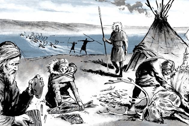 Ved bredden af Bølling sø er fundet bopladser efter rensdyrjægere, som jagede her for 12.000 år siden. Illustration: Sune Elskær Tegning af rensdyrjægerne samlet på fangstplads, hvor de bearbejder de nedlagte dyr