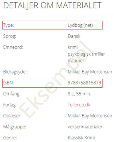 Skærmdump der illustrerer detaljer om materialet/netlydbog i e-Reolen.