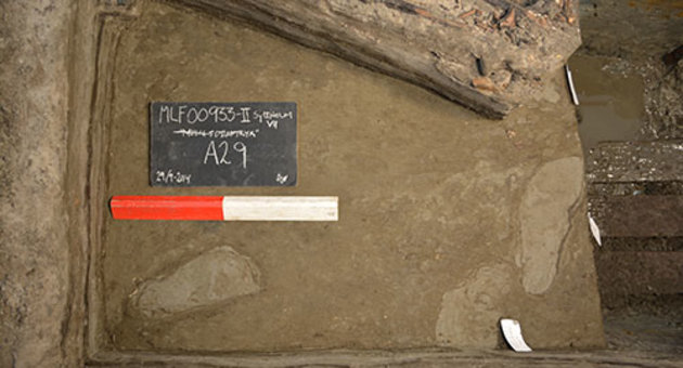 Foto fra udgravningen med Fodspor fra stenalderen - set i fladen, fundet ved de arkæologiske udgravninger til den kommende Femern Bælt-forbindelse. Foto: Museum Lolland-Falster 