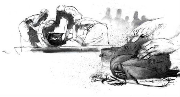 Illustration af forberedelserne til gravlæggelsen af Egtvedpigen