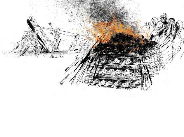 Den døde brændes og mindes for eftertiden med en bautasten. Illustration: Sune Elskær. Illustration af scene, hvor der foregår en ligbrænding.