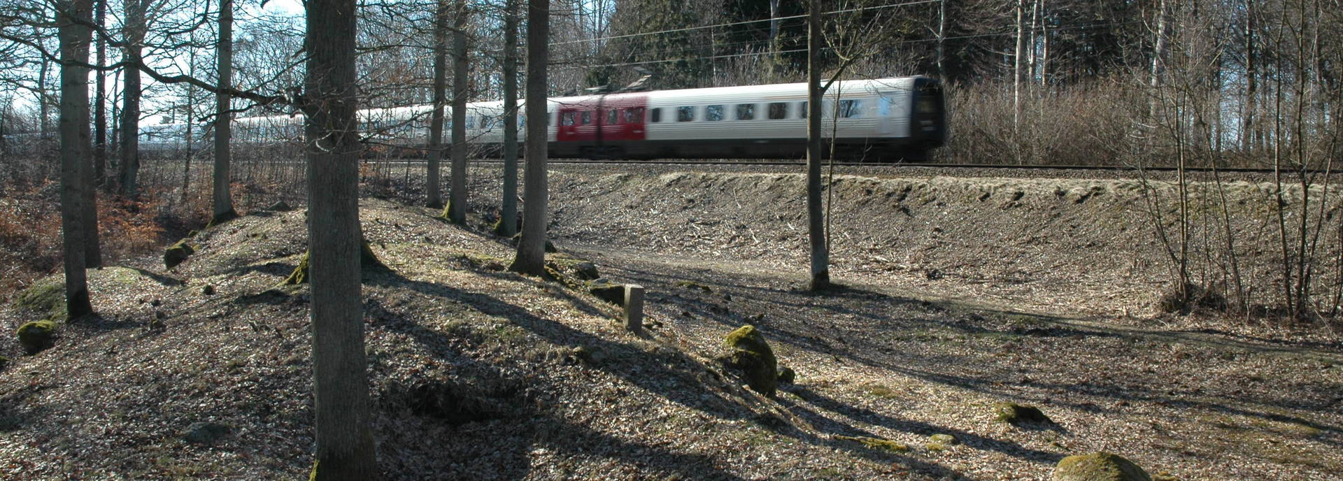 Jættestuen i skovene nær Sorø, Foto Toben Dehn. Foto af Jættestue i skov tæt ved jernbanen, mens IC3 tog kører forbi i baggrunden