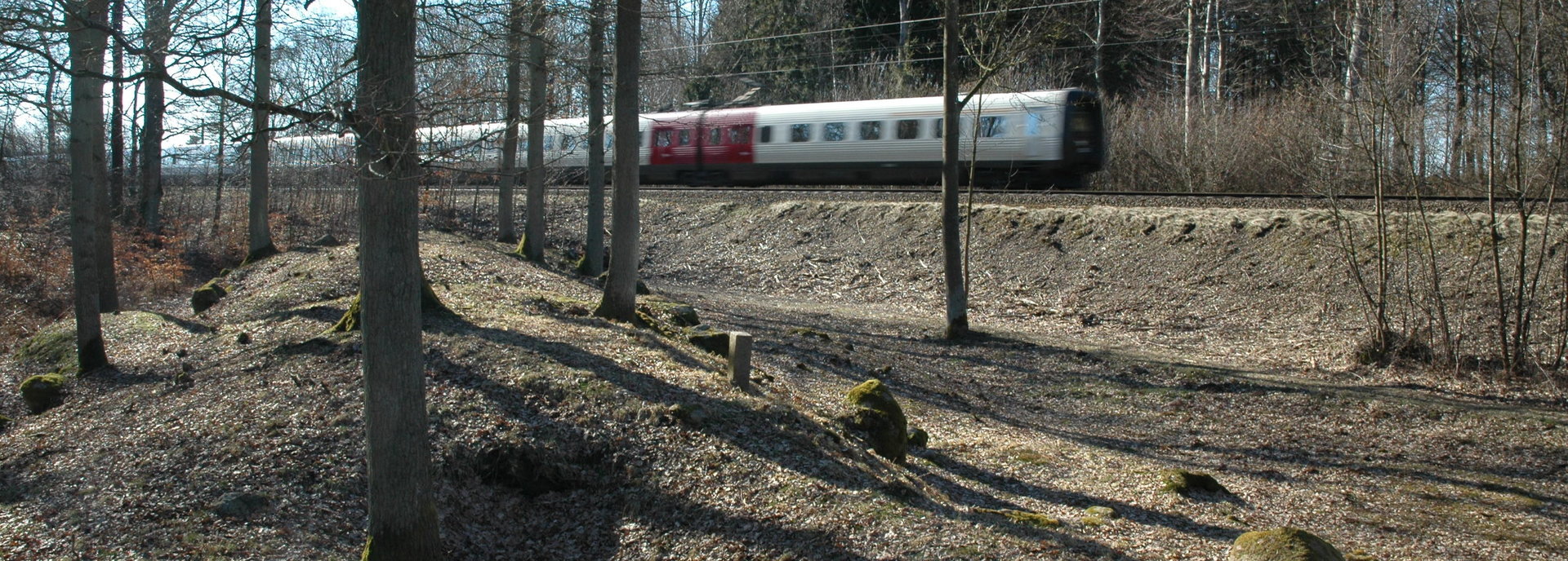 Foto af Jættestue i skov tæt ved jernbanen, mens IC3 tog kører forbi i baggrunden
