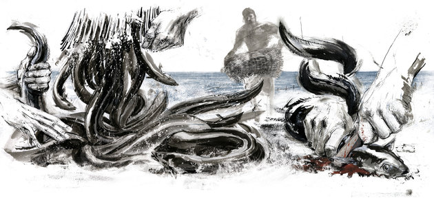 Illustration af ålefangst. I baggrunden se svagt fangsten slæbes ind på tørt land