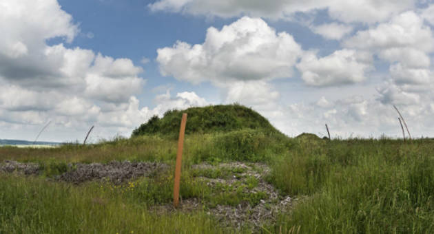 I samarbejde med Moesgaard Museum er der opsat seks stålbuer om den eksisterende del af højen, så man kan forestille sig, hvor stor gravhøjen oprindeligt har været. Foto: Rógvi N. Johansen, Foto/medieafd. Moesgaard Museum Foto af en stålbue og den eksisterende gravhøj i baggrunden.