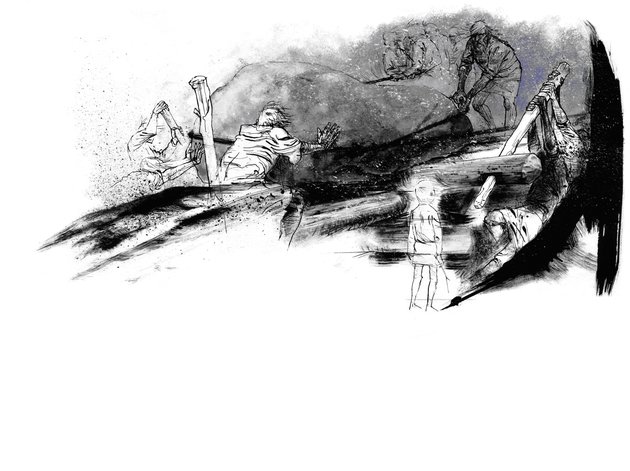 Illustration af bønder fra stenalderen, der er ved at bygge en stendysse