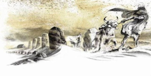 Illustration af scene fra middelalderen, hvor en bonde passer Lindhold Høje underde en af de årlige sandstorm
