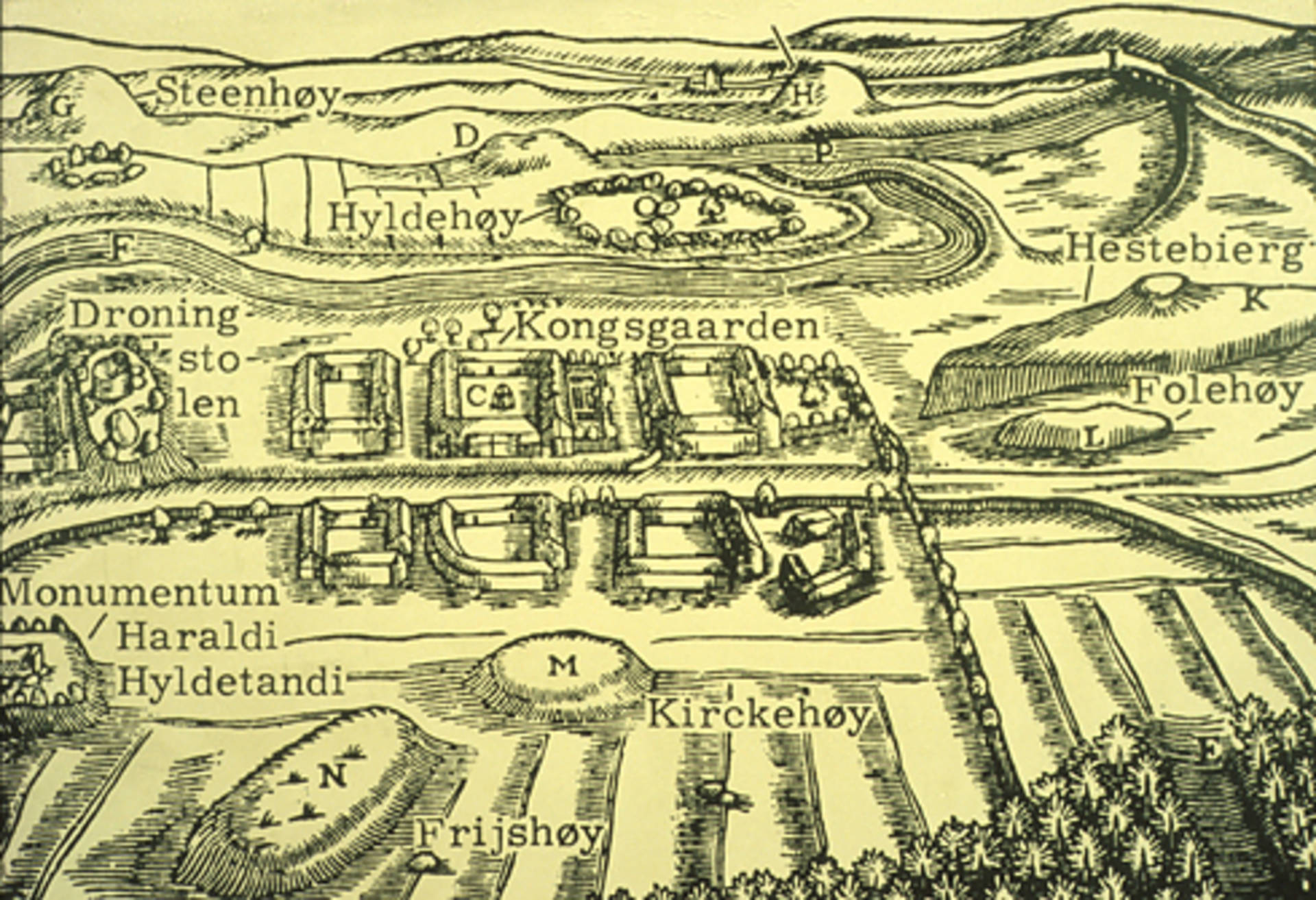 Fig. 7. Ole Worms prospekt af monumenter i Lejre, 1643.