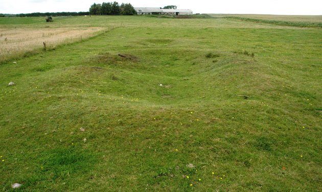 Foto af resterne efter de små jernaldergårde, der ses som tydelige ujævnheder i terrænet