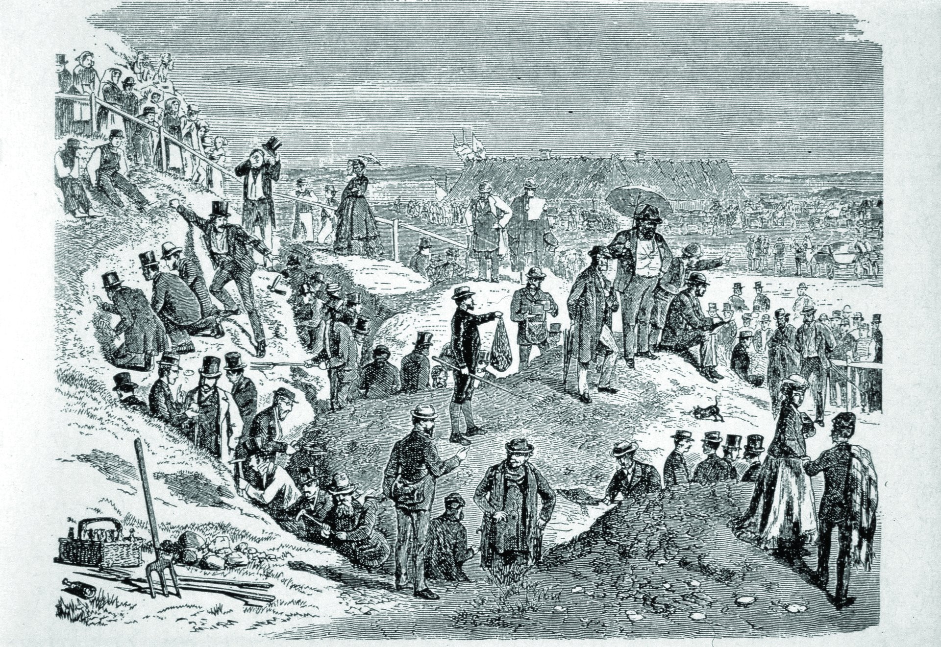 Tegning af et udgravningshold fra 1869. Udgravning af Sølager køkkenmøddingen i 1869 var et tilløbsstykke. Illustration: Nationalmuseet 