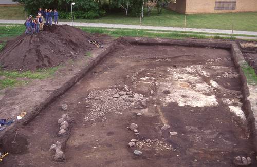 Fig. 2. Langhus fra ældre romersk jernalder ved Nr. Tranders. Husets kridtgulv og ildsted ses i vesteenden af huset, mens stalden fremstår som en anelse mørkere fyld end den omgivende kulturjord. Foto: Nordjyllands Historiske Museum Fig. 2. Langhus fra ældre romersk jernalder ved Nr. Tranders. Husets kridtgulv og ildsted ses i vesteenden af huset, mens stalden fremstår som en anelse mørkere fyld end den omgivende kulturjord. Foto: Nordjyllands Historiske Museum